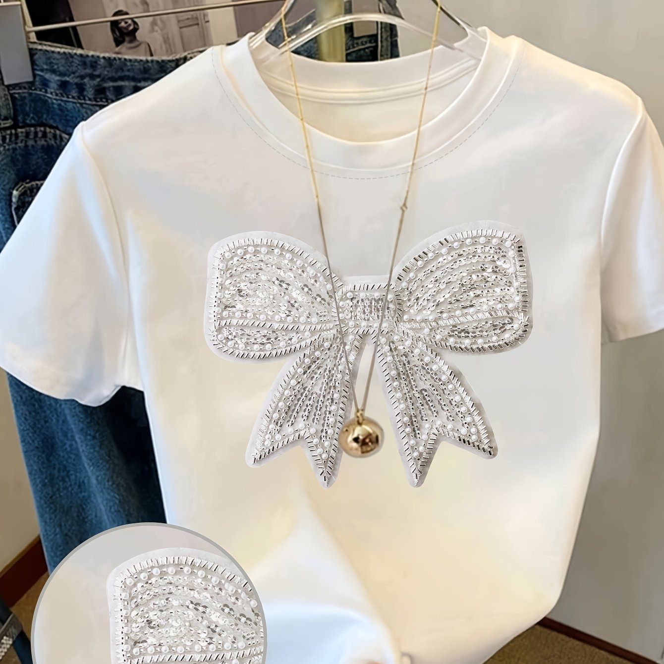 Women'S Casual Crew Neck T-Shirt with Sparkling Bow Print - Short Sleeve, White, All-Season, Casual Wear|Sparkling Detail Top|Butterfly Print Top, Butterfly Print Top