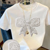 Women'S Casual Crew Neck T-Shirt with Sparkling Bow Print - Short Sleeve, White, All-Season, Casual Wear|Sparkling Detail Top|Butterfly Print Top, Butterfly Print Top