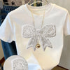 Women'S Casual Crew Neck T-Shirt with Sparkling Bow Print - Short Sleeve, White, All-Season, Casual Wear|Sparkling Detail Top|Butterfly Print Top, Butterfly Print Top