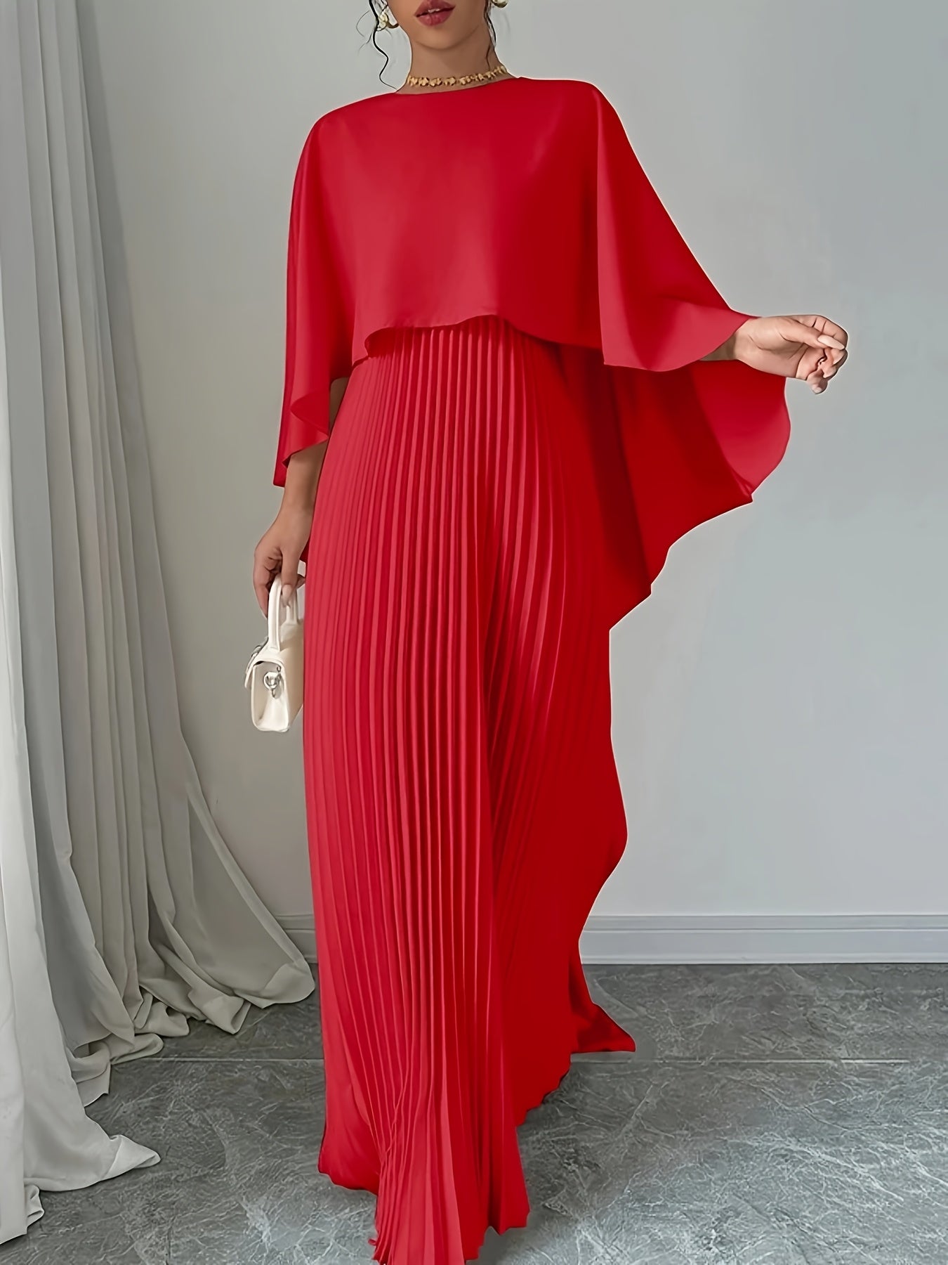 Flowing Long Skirt Elegant Solid Color Pleated Dress with Faux Two-Piece Design, Suitable for Banquets