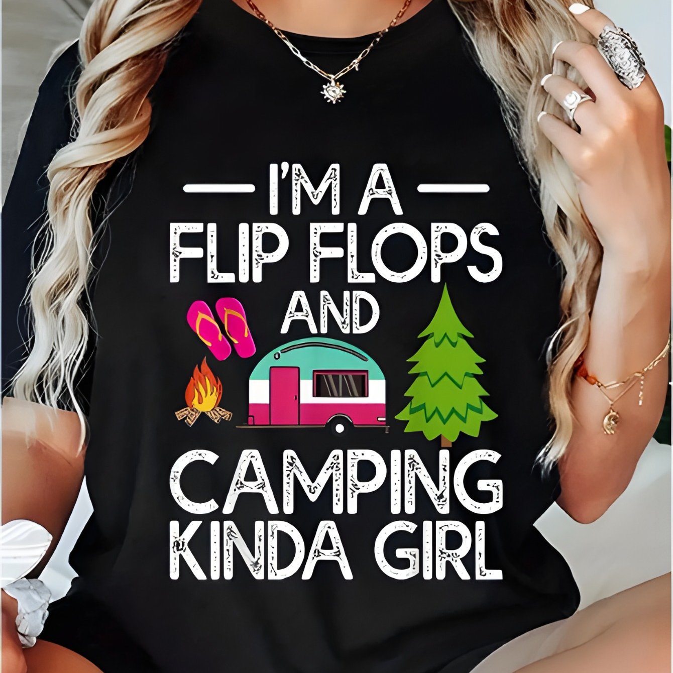 Women's "I'm a Flip Flops & Camping Kinda " Graphic T-Shirt - 100% Cotton Short Sleeve, Loose Casual Fit, Machine Washable Spring Summer Top with Campfire, Pine Trees & Vintage Camper Design - Perfect Holiday Gift, Outdoor Ad