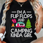 Women's "I'm a Flip Flops & Camping Kinda " Graphic T-Shirt - 100% Cotton Short Sleeve, Loose Casual Fit, Machine Washable Spring Summer Top with Campfire, Pine Trees & Vintage Camper Design - Perfect Holiday Gift, Outdoor Ad