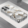 Light Luxury Elegant Ceramic Texture Golden Wire White Flower Pattern Electroplated Glass Mobile Phone Case with Lens Protection for iPhone 16/16Pro/16ProMax/16Plus/15/15Plus/15Pro/15ProMax, 14/14Plus/14Pro/14ProMax, 13/13Pro