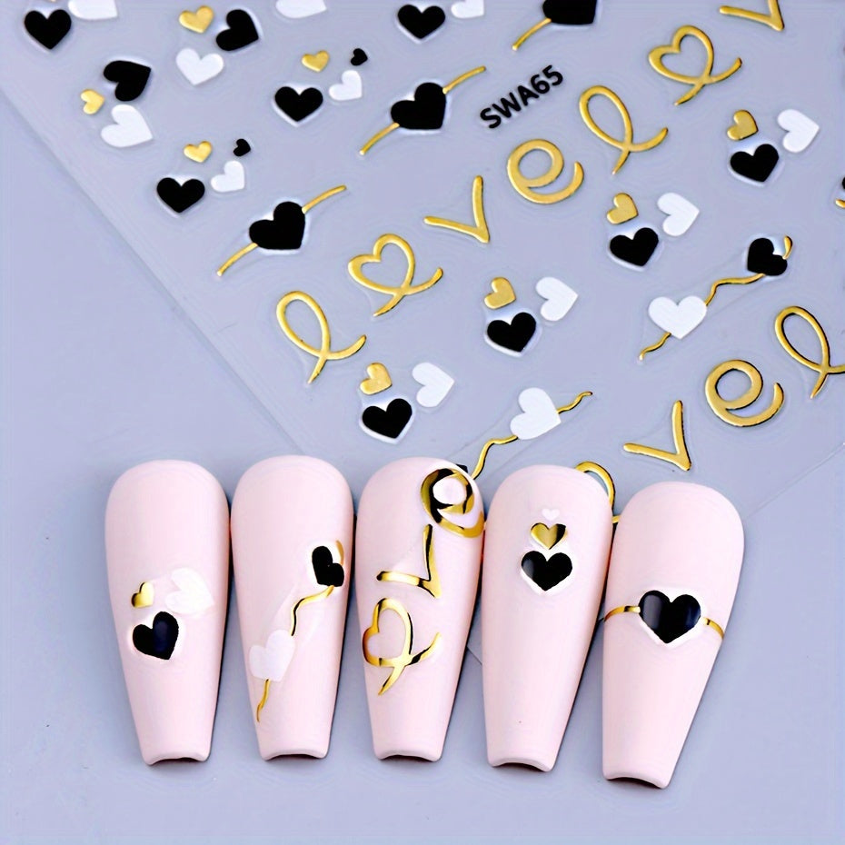8pcs Rectangle Self-adhesive Glossy Plastic Nail Stickers, Pink Black White, Heart Pattern, Valentine Design, Golden Geometry Wave Lines Stripe Stars, Fantasy Theme, with Glitter, for Manicure Decoration
