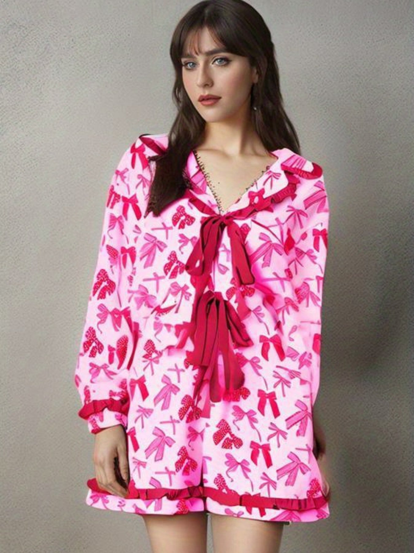 Women Aesthetic Pajamas 2pcs Long Sleeve Bow Lace Up Shirt and Shorts Spring Summer Loungewear Cute Heart Print Sleepwear