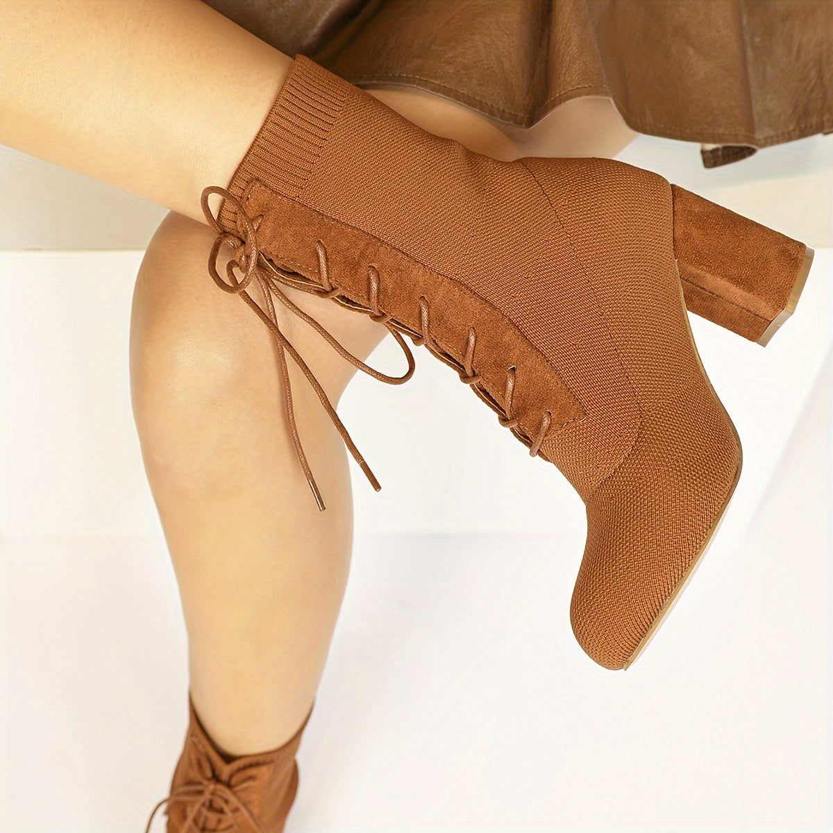 Women's High Heeled Boots with Thick Heels And Fly Woven Uppers, Tied Straps, Thick Heels, Round Toe, And Midsole Boots Are Fashionable And Suitable for Daily Wear