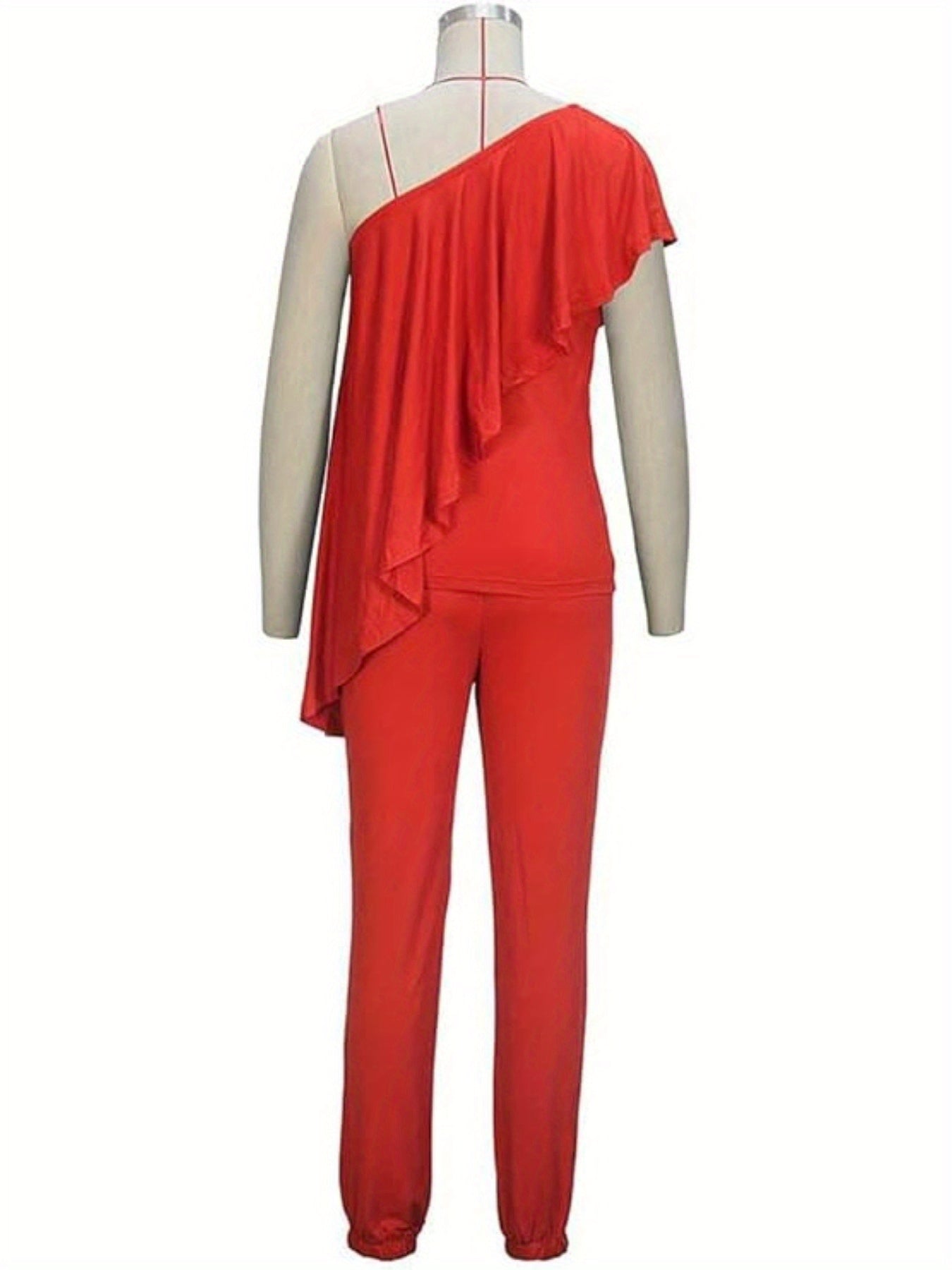 2pcs Sets for Women - Off-Shoulder Ruffled Sleeve Top & Wide-Leg Pants, Vibrant Red Casual Chic Outfit, Machine Washable Spring Summer Outfits for Brunch, Office, or Casual Outings, Brunch Attire | Nontransparent Fabric