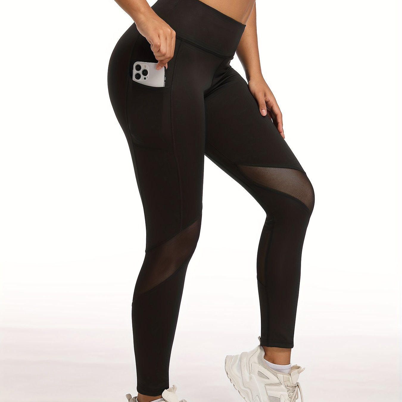 High-Waist Elegant Black Mesh Panel Yoga Leggings for Women - Stretchy & Comfortable, Slim Fit Ankle-Length Workout Pants with Phone Pocket, Machine Washable