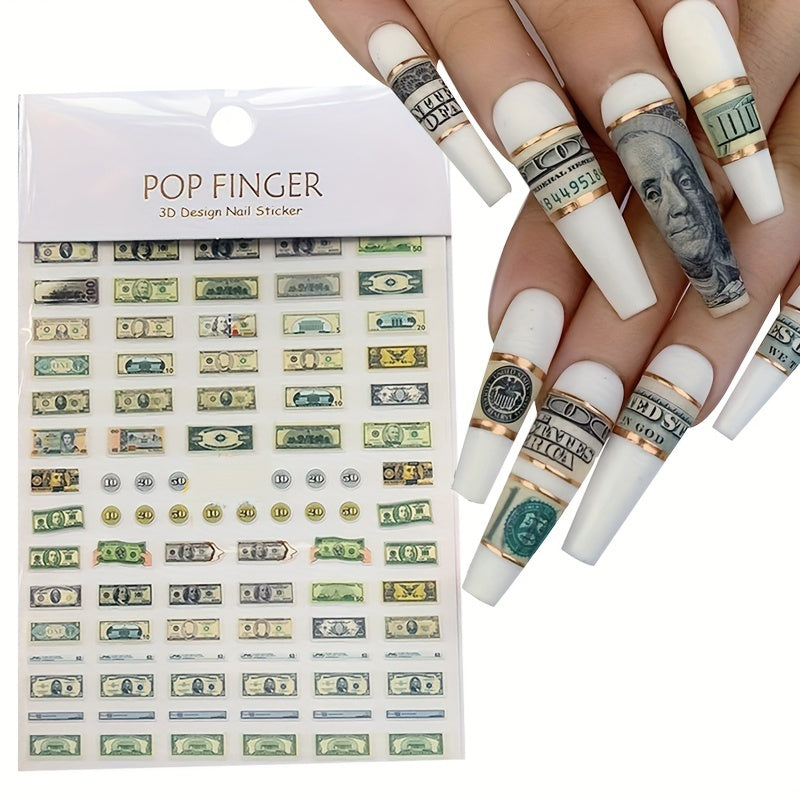 3D Money Dollar Sign Nail Art Stickers, Self-Adhesive Paper Decals, Casual Style, No Effect, for DIY Acrylic Nails, Manicure & Pedicure Decor