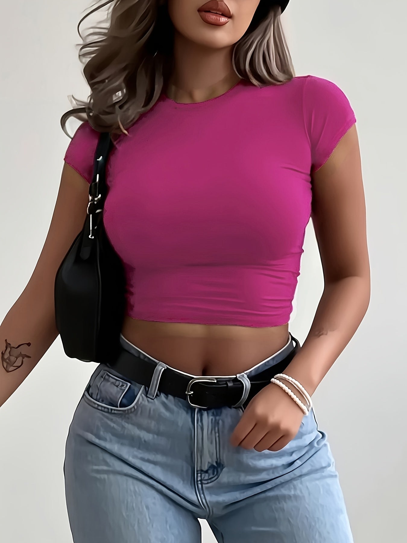 Women'S Slim-Fit Stretch Short Sleeve Crop Top - Solid Color Black, Casual Round Neck T-Shirt, Machine Washable, Perfect for Spring, Summer & Fal