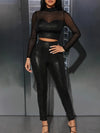 Sexy Solid Color Faux Leather Two-piece Set, Long Sleeve Mock Neck Crop Top & High Waist Skinny Leggings Outfits, Women's Clothing