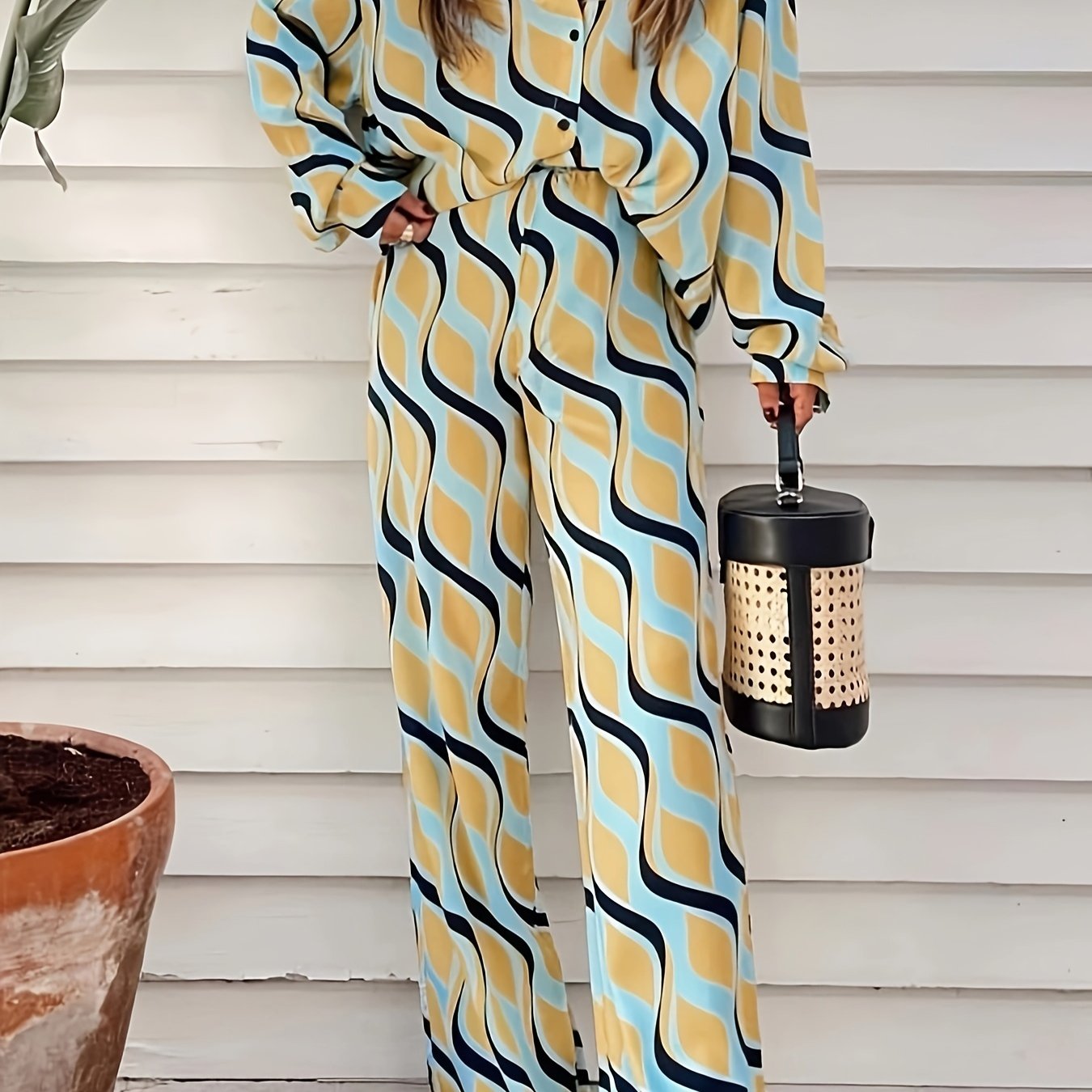 Casual Sweet Printed Long-Sleeve Shirt And Pants Two-Piece Set
