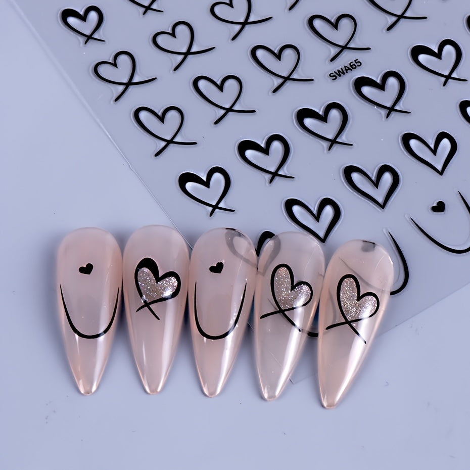 8pcs Rectangle Self-adhesive Glossy Plastic Nail Stickers, Pink Black White, Heart Pattern, Valentine Design, Golden Geometry Wave Lines Stripe Stars, Fantasy Theme, with Glitter, for Manicure Decoration