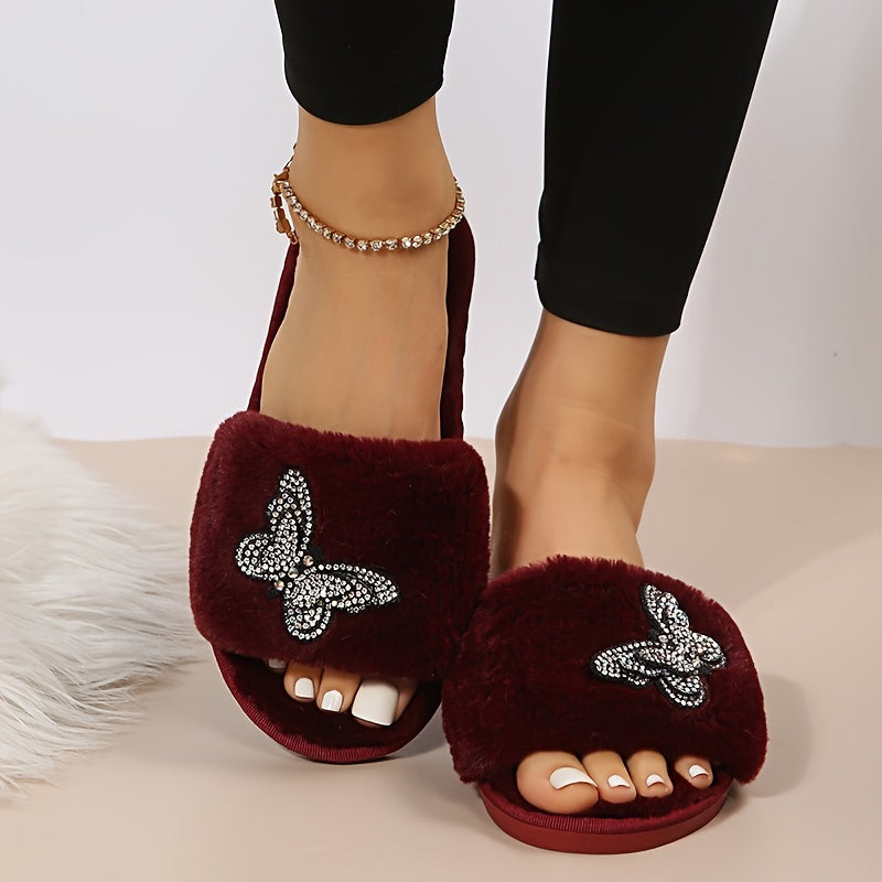 Rhinestone Butterfly Decor Home Warm Slippers, Soft Sole Platform Fluffy Non-slip Shoes, Bedroom Open Toe Plush Shoes
