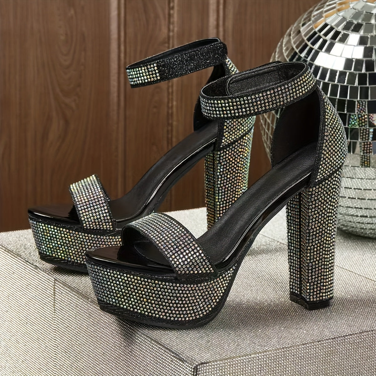 Women's Rhinestone-Embellished Geometric Mary Jane High Heel Sandals - Thick Platform Chunky Heel, Open-Toe Summer Party Shoes with Hook-and-Loop Closure, PU Synthetic Cover & Rubber Sole, Chunky Heel Sandals
