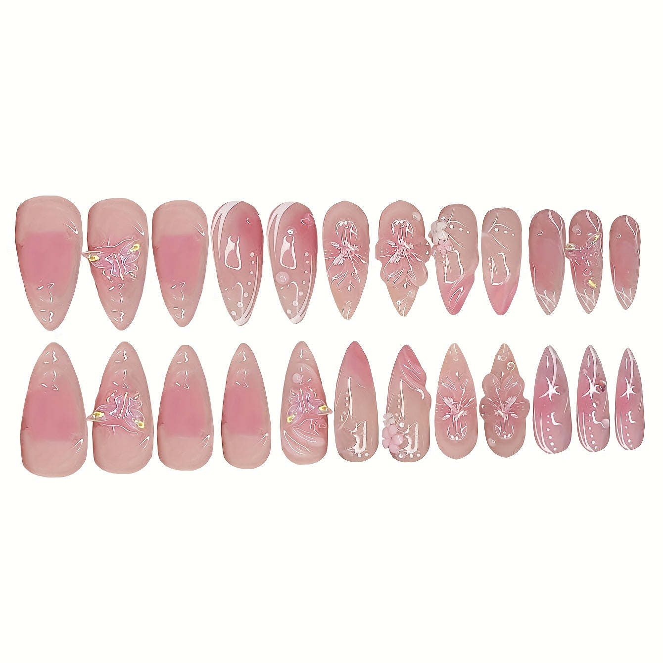 24-Piece Elegant French-Inspired Pink Almond Shaped Press-On Nails with Flower Pattern and Glossy Finish, Includes Jelly Glue & Nail File for Women's Everyday Wear