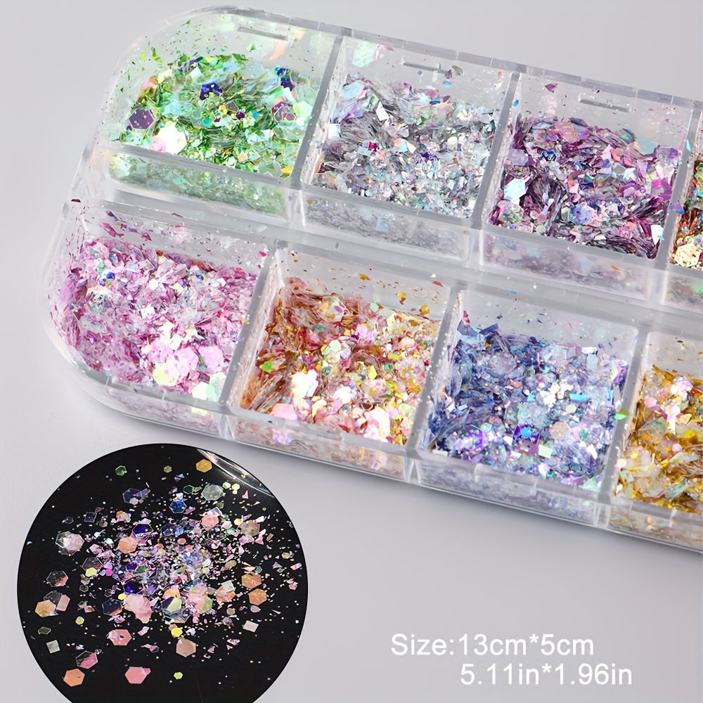 1 Box Holographic Hexagon Iridescent Nail Glitter Sequins - Mermaid Flakes Powder for Y2K Wedding Nail Art, Shiny Sparkly Sheets for Creative Manicures, Multi-Dimensional Colors (Pink, Blue, Green, Golden, Purple), Party Nail