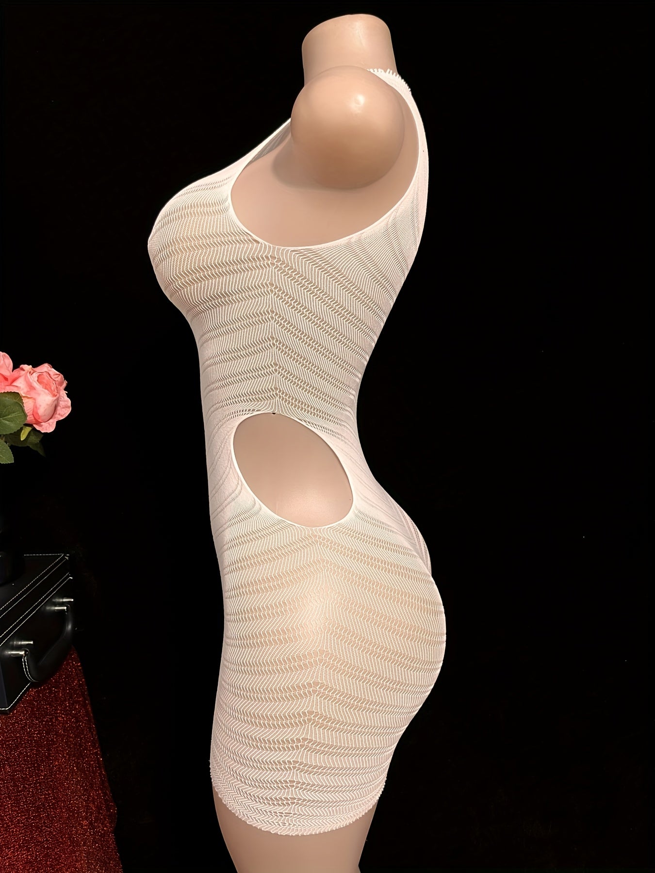 1pc of White Sexy Fitted Sleeveless Bodysuit Dress with Side Waist Hollow Design, High Elasticity Mesh Fabric, Beach Cover-Up.