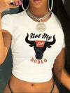 Women's Retro Western Bull Head Print T-Shirt - Casual Crew Neck, Short Sleeve, Stretchy Polyester Blend, Machine Washable