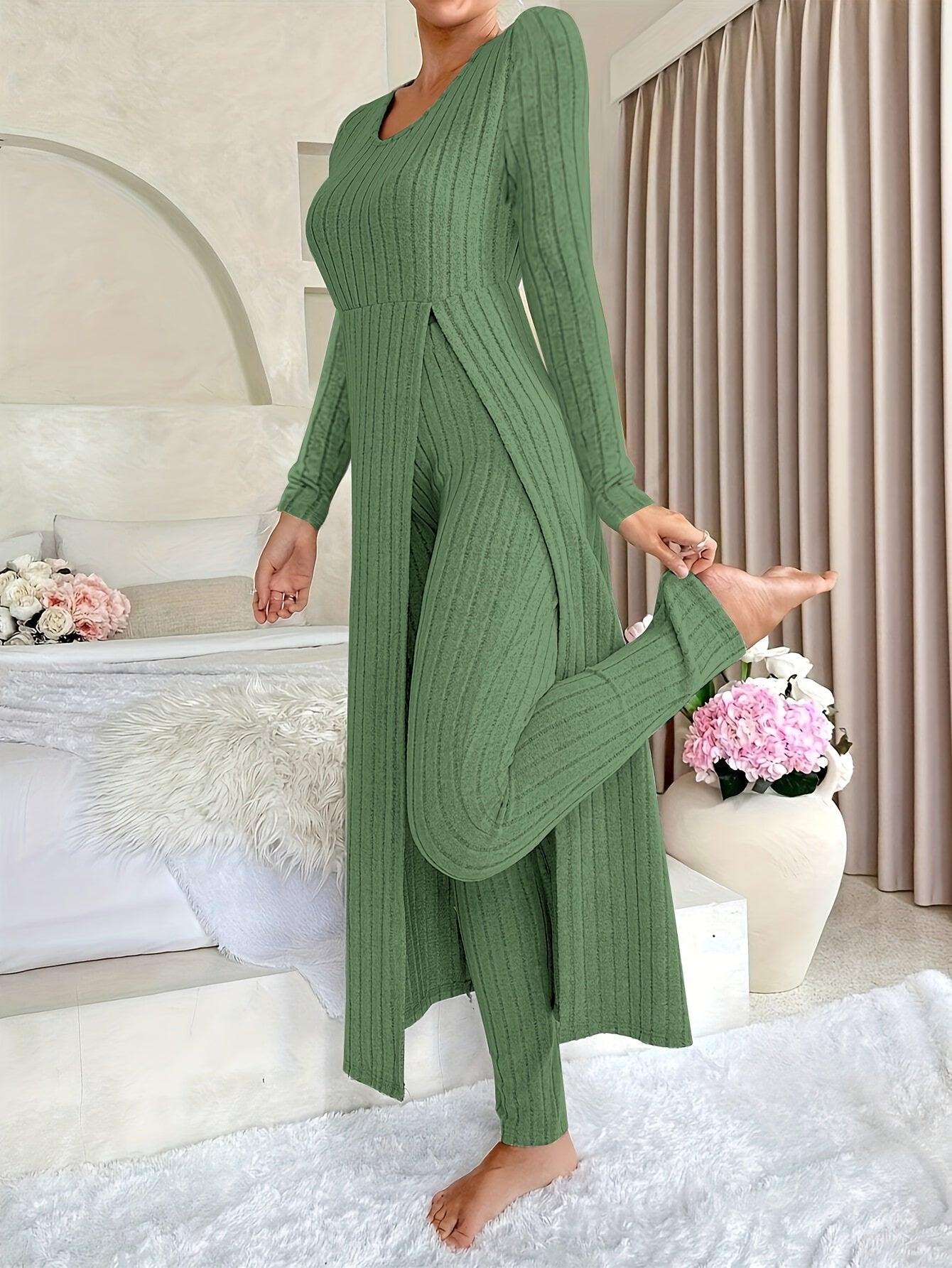 Short Sleeve V Neck Solid Color Ribbed Pants Set, Elastic Waist Slim Outfits with Long Length Top, Casual Women's Clothing
