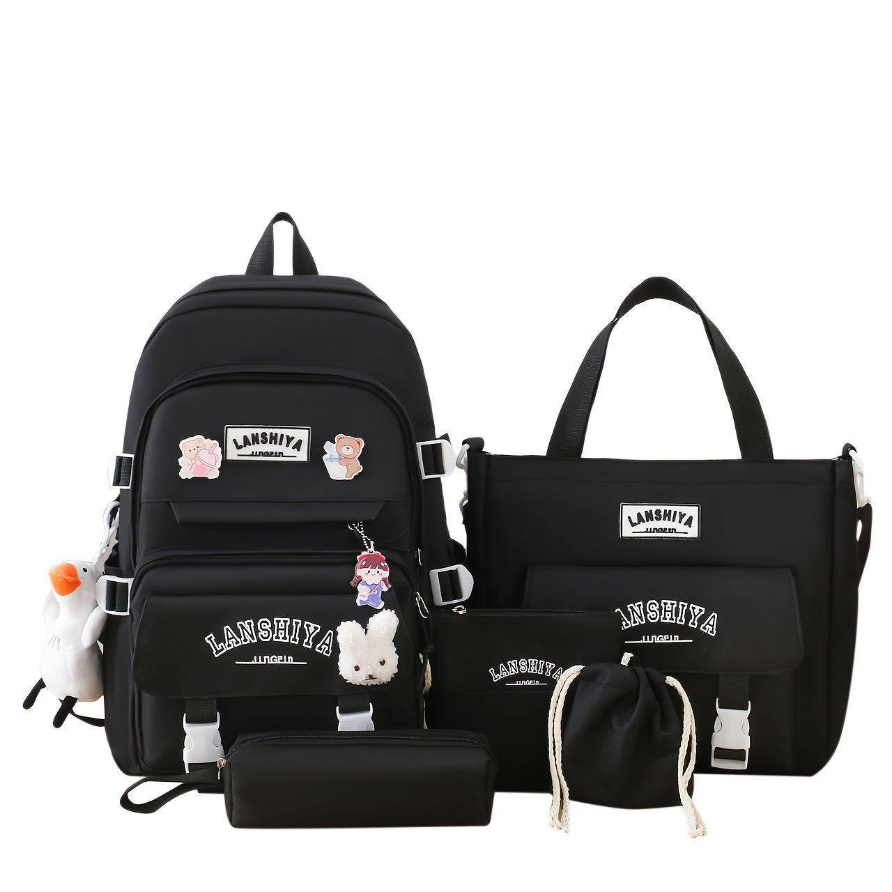 5 - Piece Set of Solid - Color Student Backpack Sets, Large - Capacity And Multifunctional, with Adorable Charms And Badges