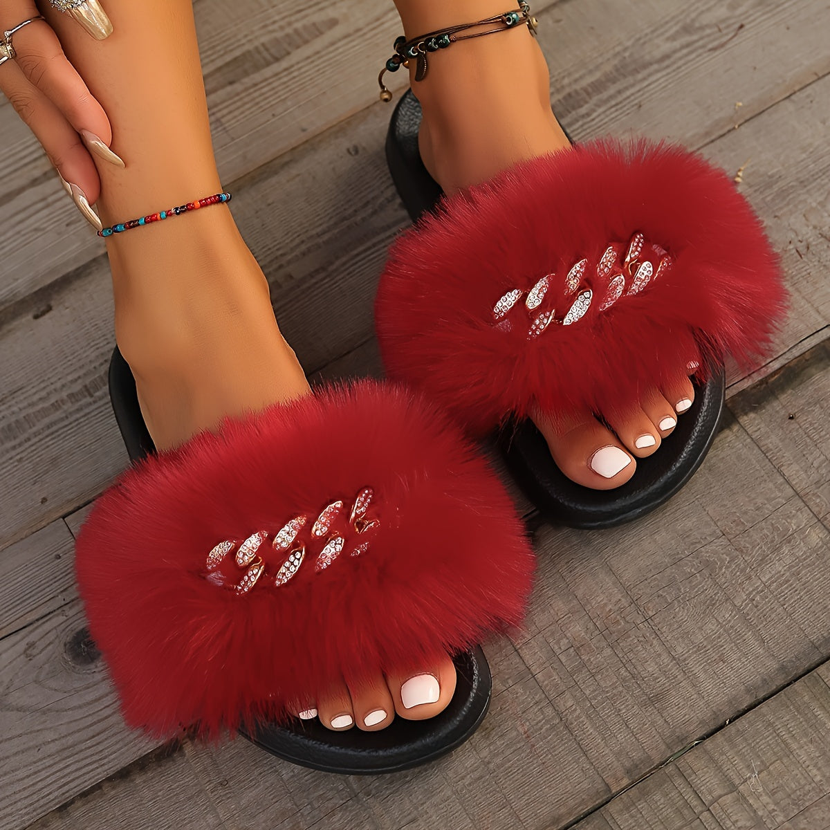 Women's Faux Fur Slip-On Sandals - Open-Toe Summer Slide Shoes with Back Strap, Plush Comfort & Elegant Design for Casual Outings, Beach, Lounging