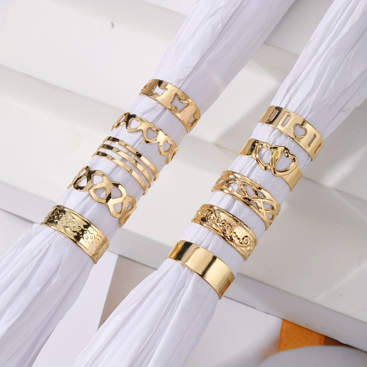[10 Golden Rings Geometric Heart] Set Of 10 Golden Rings With Hollowed-out Heart And Geometric Patterns, Multiple Pieces Of Summer Toe Rings