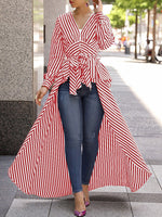 Striped Long-sleeved Tie-waist Large-length Dress
