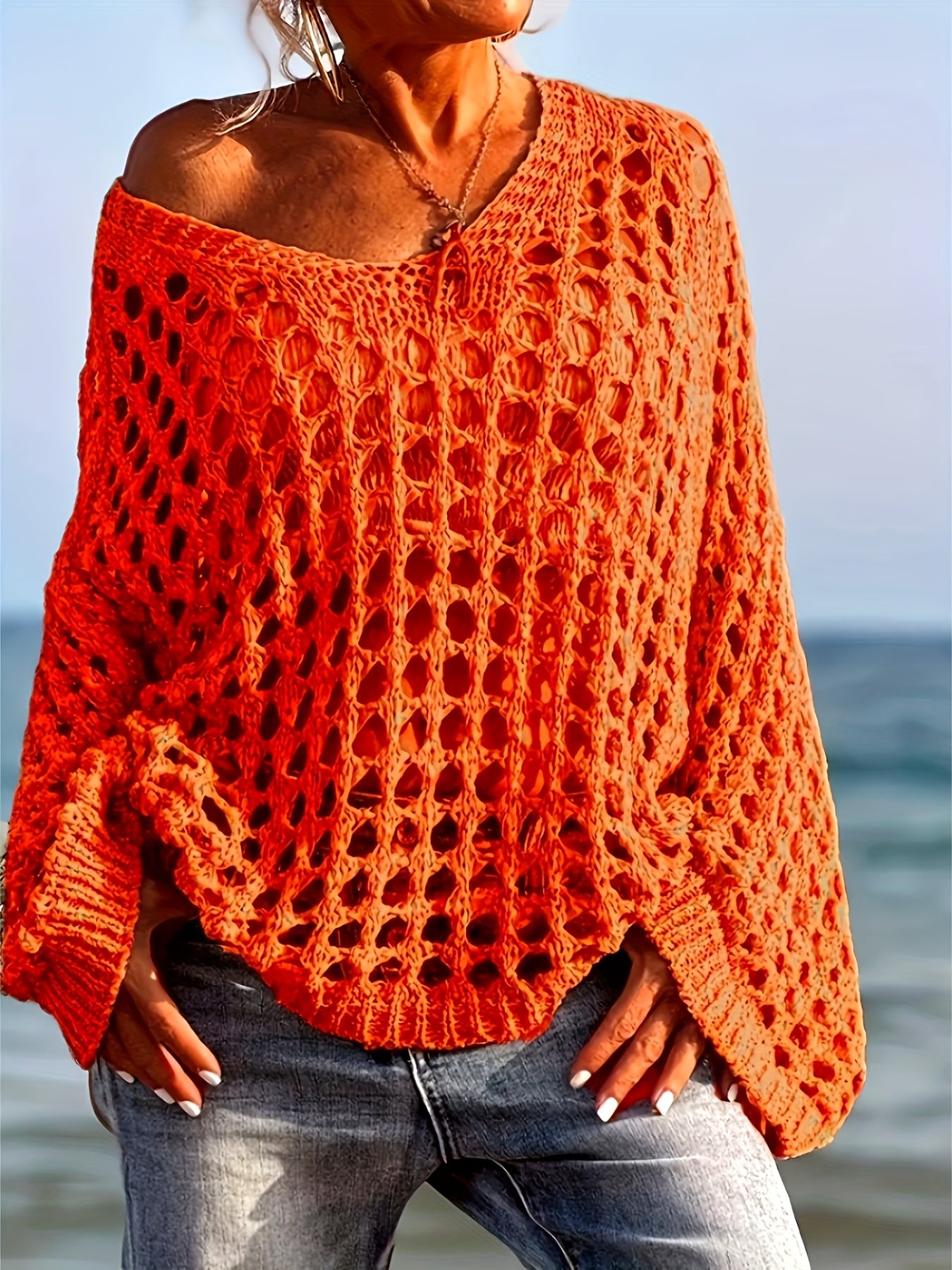 [Beach-Ready] Women's Crochet Knit Top | Long Sleeve | Polyester | Breathable | Casual | Spring & Summer