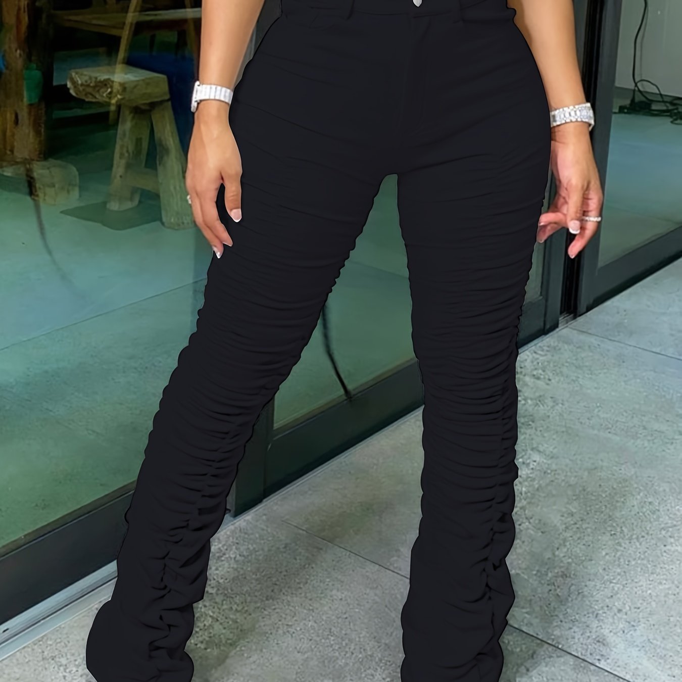Solid High Waist Long Length Pants, Casual Stretchy Pleated All Seasons Pants, Women's Clothing