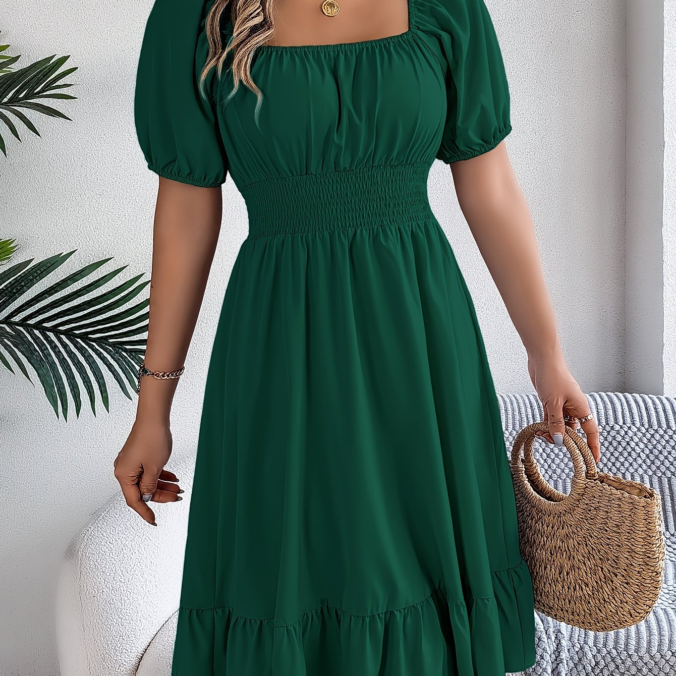 1pc Women'S Elegant Square Neck Short Sleeve A-Line Dress with Ruffle Detail, Polyester Woven Fabric, Solid Color, Spring/Summer/Autumn Collection
