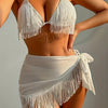 Women's 3pcs Bikini Set, Fringe Trim Swimsuit with Cover Up Skirt, Adjustable Tie Side Top & Beach Wrap