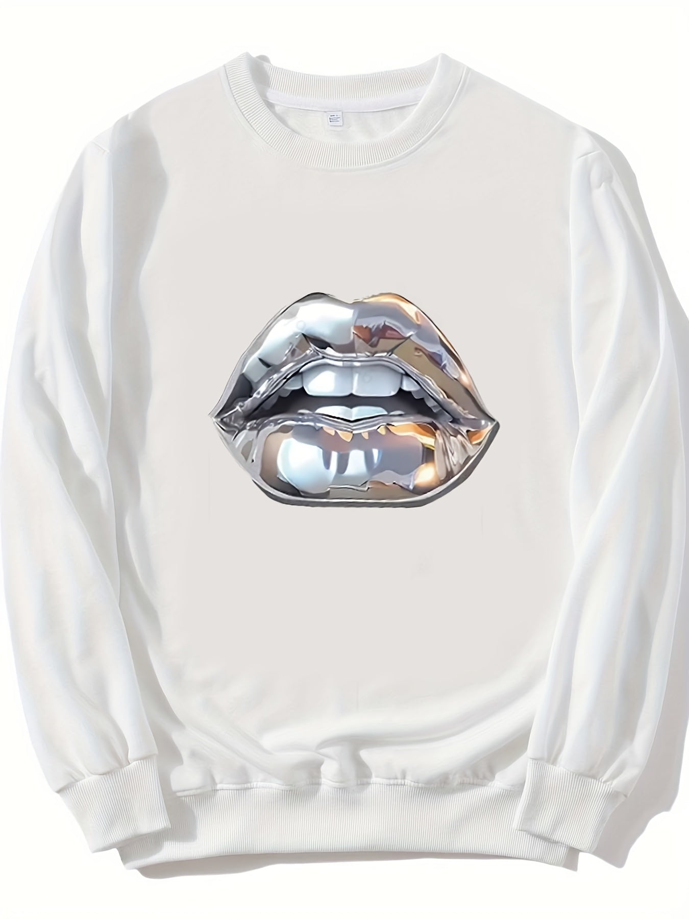 Women's Casual Crew Neck Sweatshirt with Geometric Lips Print, Long Sleeve Pullover, Knit Fabric, Regular Fit - 50%, Polyester 50% Blend, Machine Washable for Fall & Winter