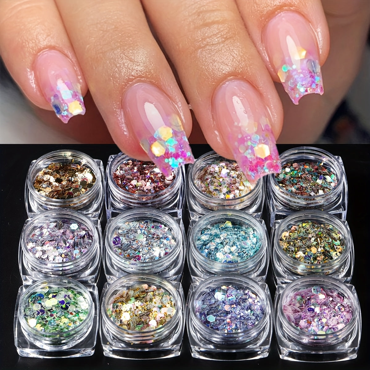 12 Colors Nail Art Glitter Diamond Dust Iridescent Nail Powder Chunky Glitter Confetti Foil Flakes Sequins for Nail Art Supplies, Gel Polish, Y2K Mermaid Holographic Hexagon Sequins, 3D Mirror Irregular Slices Sparkles