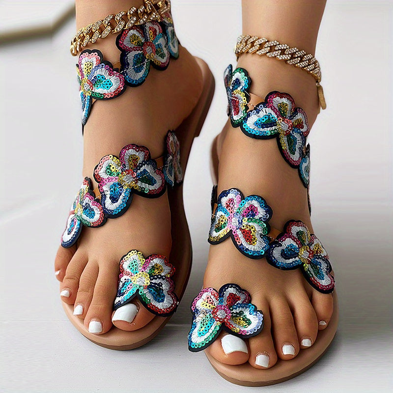 Faux Pearl Women's Flowers Flat Sandals, Fashion Toe Loop Casual Beach Travel Slip On Shoes