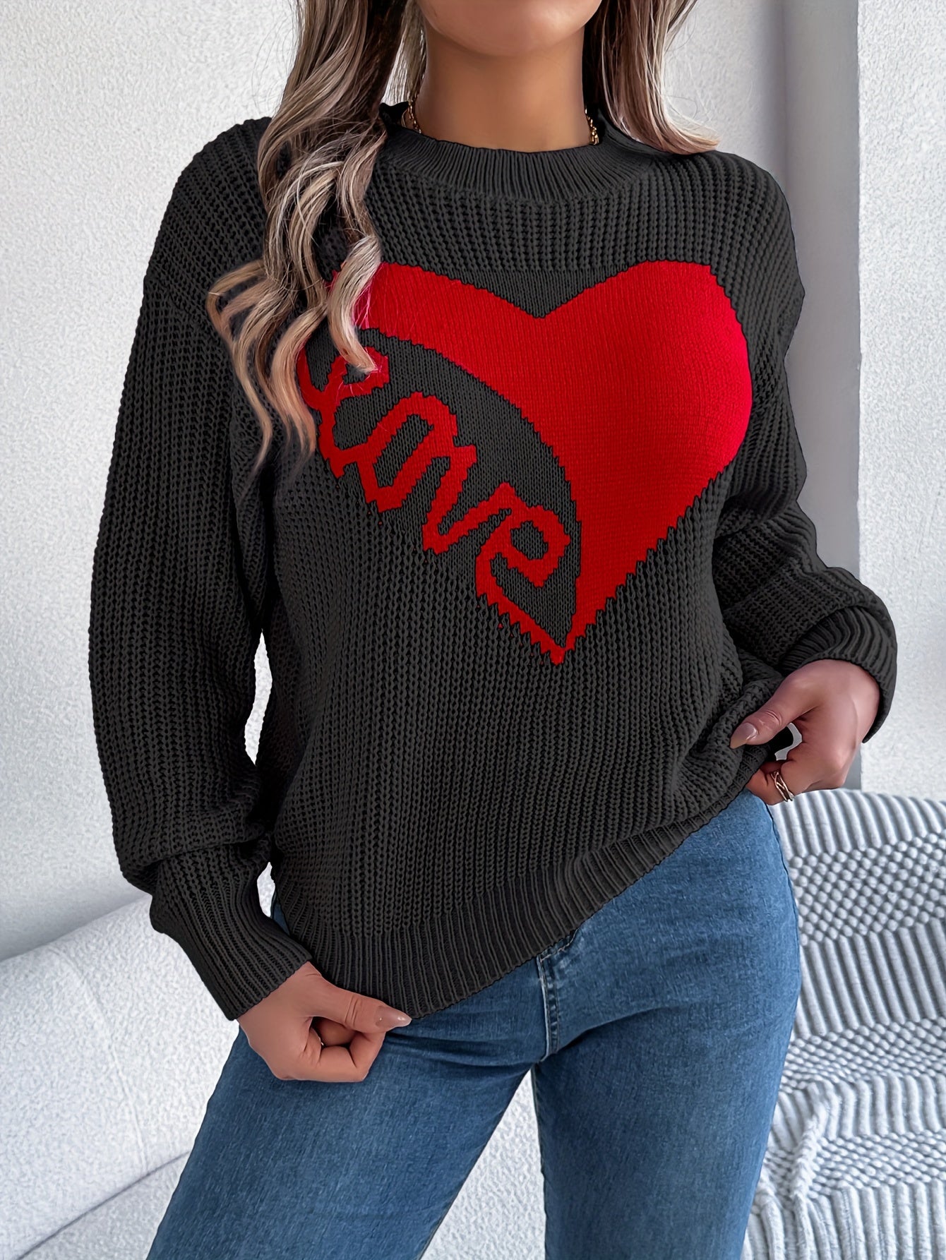 Cozy Love Heart Long Sleeve Pullover Sweater - Casual Vacation Style, 100% Acrylic, Round Neck, Non-Transparent with Geometric/Letter Pattern, Perfect for Fall/Winter