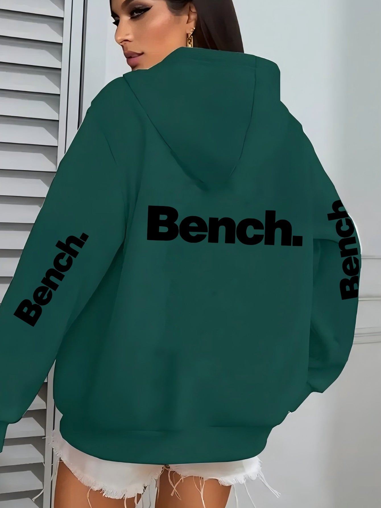 Women's Casual Hooded Jacket with Bold "Bench" Letter Print, Kangaroo Pocket & Zipper Collar - Machine-Washable Polyester, All-Season Versatile Outerwear, Perfect Gift for Her, Lightweight Layering, Urban Fashion, Quality Sti