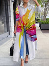 Floral Print Long Sleeve Shirt Dress - Polyester, Button Closure, Casual Style, Suitable for All Seasons