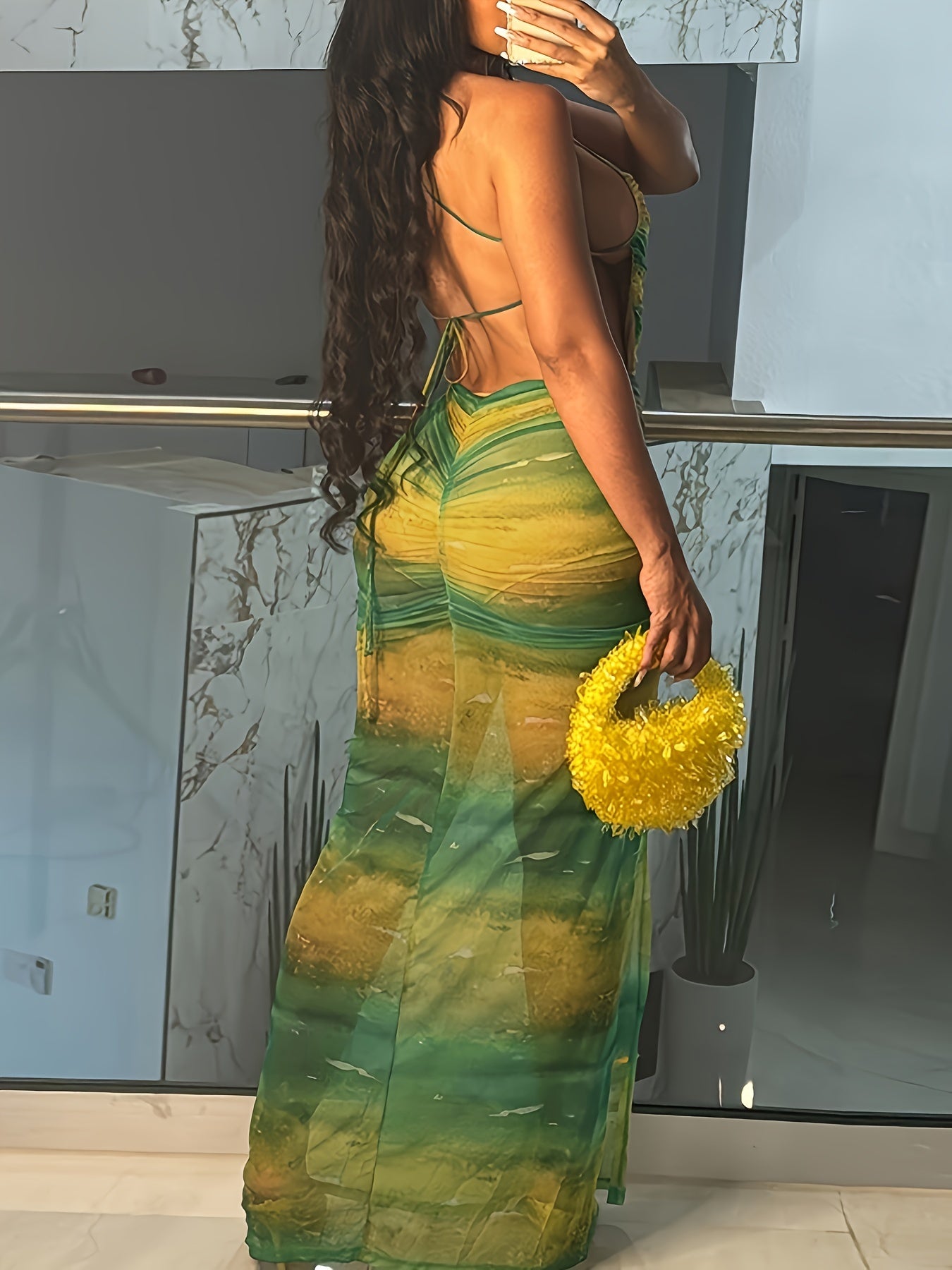 Backless Ruched High Slit Cami Dress - Sexy Slinky Sleeveless Maxi Dress - Polyester - For Spring & Summer - Women's Clothing - Perfect for Parties & Casual Occasions