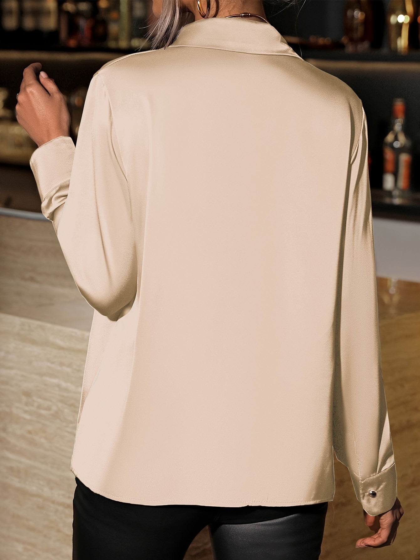 Elegant Solid Color Button-Up Casual Long Sleeve Shirt for Women, Polyester, Machine Washable