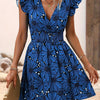 Women's V-Neck Floral Print Sexy A-Line Dress - Smooth Polyester Fabric, 260g/m² Woven, Micro Elasticity | Machine Wash, No Dry Clean | Frill Details & Deep V Neck Design