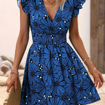 Women's V-Neck Floral Print Sexy A-Line Dress - Smooth Polyester Fabric, 260g/m² Woven, Micro Elasticity | Machine Wash, No Dry Clean | Frill Details & Deep V Neck Design