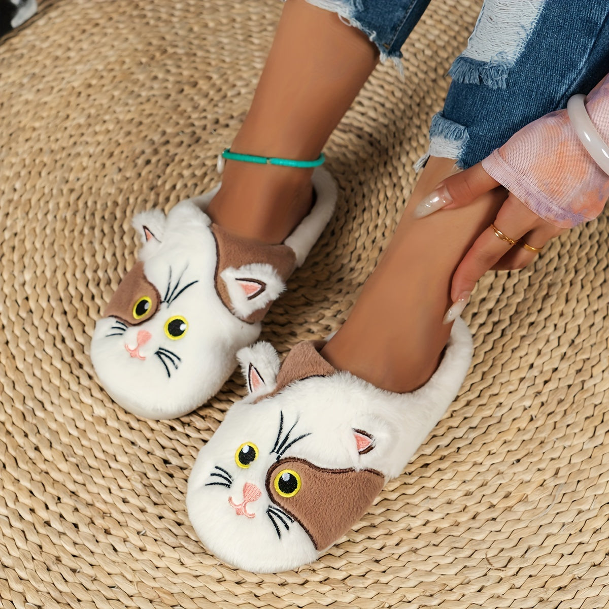 Cute Cartoon Cat Design Slippers, Casual Slip On Plush Lined Shoes, Comfortable Indoor Home Slippers