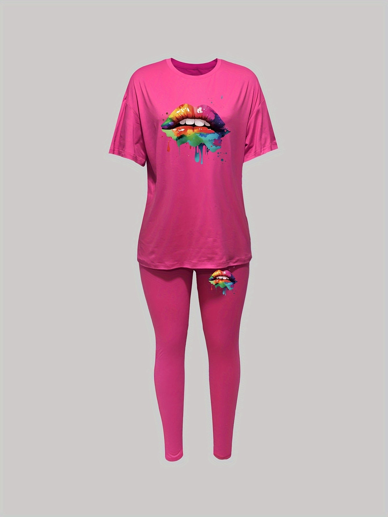 two piece Women's Two-Piece Lip Print Set: Short Sleeve T-Shirt & Leggings Outfit