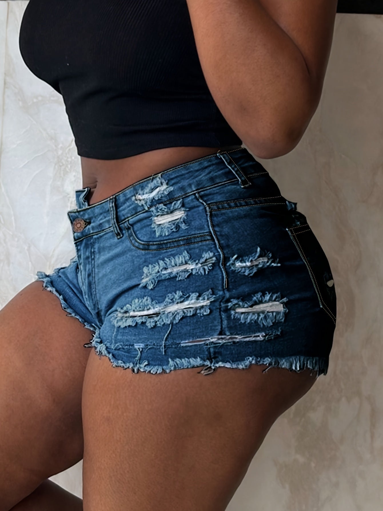 Women's Mid-Rise Ripped Denim Shorts with Frayed Hem, Distressed Detailing & Built-in Zipper Pockets - Casual Summer Straight Leg Jean Shorts in Blue, Summer Casual Wear | Trendy Ripped Shorts | Durable Denim