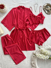 Women'S V-Neck Sexy Comfortable Robe Set with Mini Spaghetti Strap Shorts and Long Pants, Four Pieces