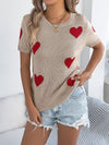 Casual Contrasting Color Heart-Shape Short-Sleeve Knit Top