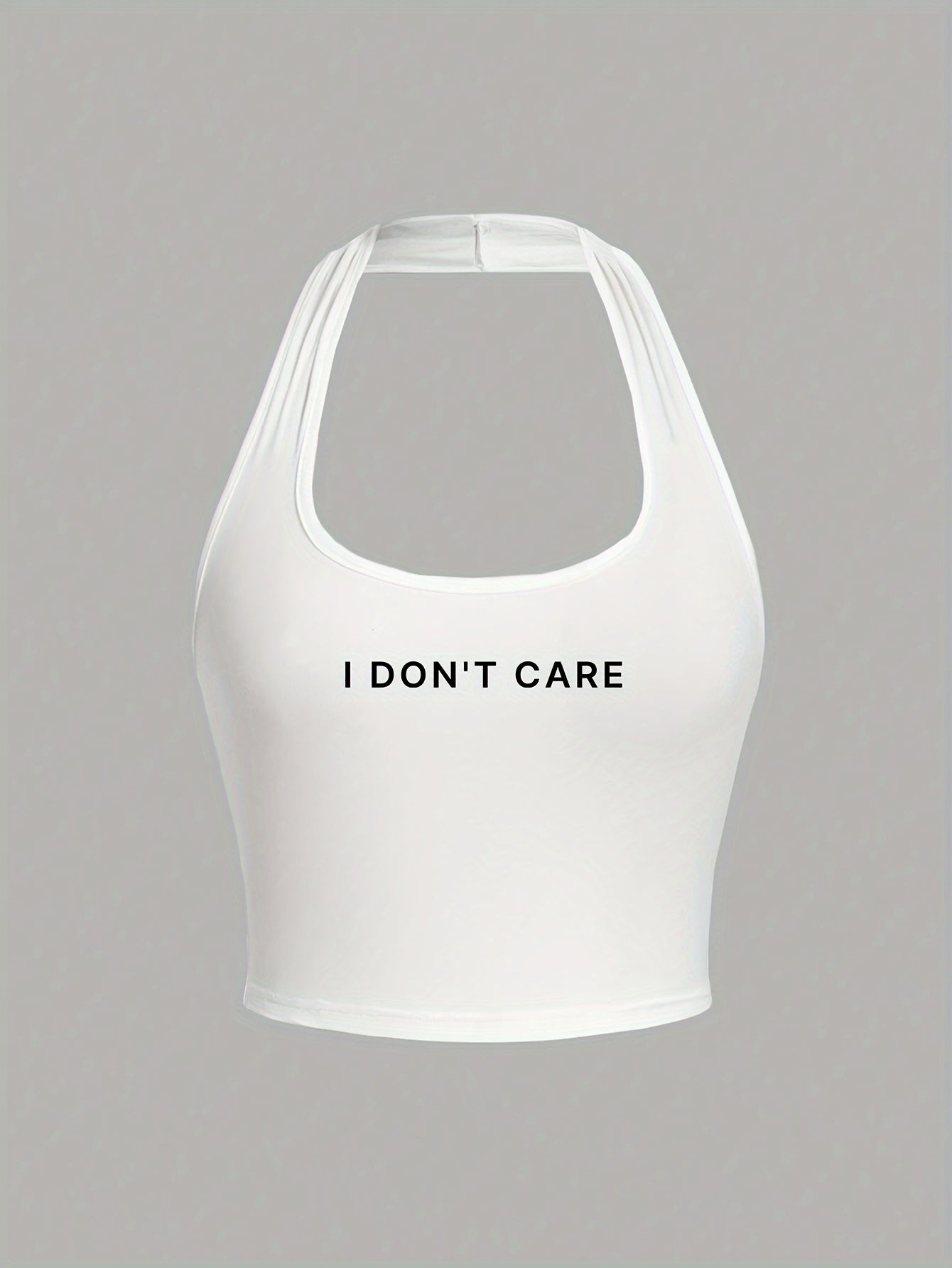 Women'S Casual Halterneck Tank Top, "I Don't Care" Letter Print, Summer Knit Fabric, Solid Color, Backless Design, Polyester 95% Elastane 5%, Lightweight 180g/m²
