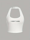 Women'S Casual Halterneck Tank Top, "I Don't Care" Letter Print, Summer Knit Fabric, Solid Color, Backless Design, Polyester 95% Elastane 5%, Lightweight 180g/m²