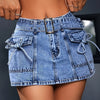 Women's Low Rise Denim Skirt Pants With Belt Buckle, Fake Covered Pocket, Front Tie Denim Skirt Pants, Women's Clothing & Denim